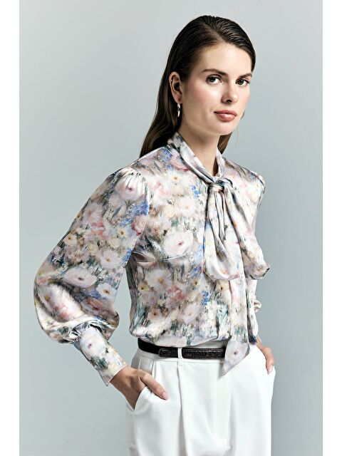 SATEEN Çiçek Desenli Fularlı Gömlek - Pudra - S000531630-7152