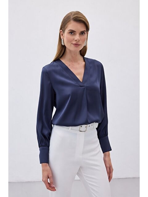 SATEEN V Yaka Saten Bluz - Lacivert - S000323088-21164