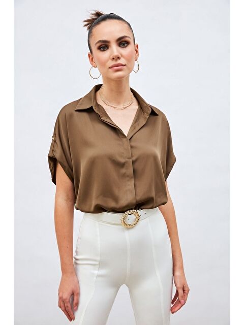 SATEEN Kol Detaylı Salaş Gömlek - Kahve - S000323506-19413