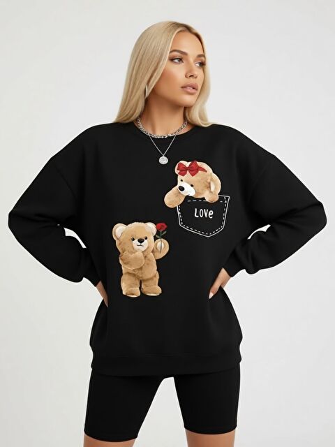 Trendseninle Unisex Erkek Kadın Siyah Love Bear Love Özel Baskılı Bisiklet Yaka Sweatshirt - S000498315-19351