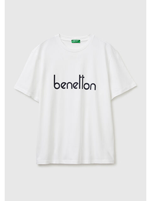 United Colors Of Benetton Erkek Beyaz  %100 Pamuk Logo Baskılı Regular Fit Bisiklet Yaka T-Shirt