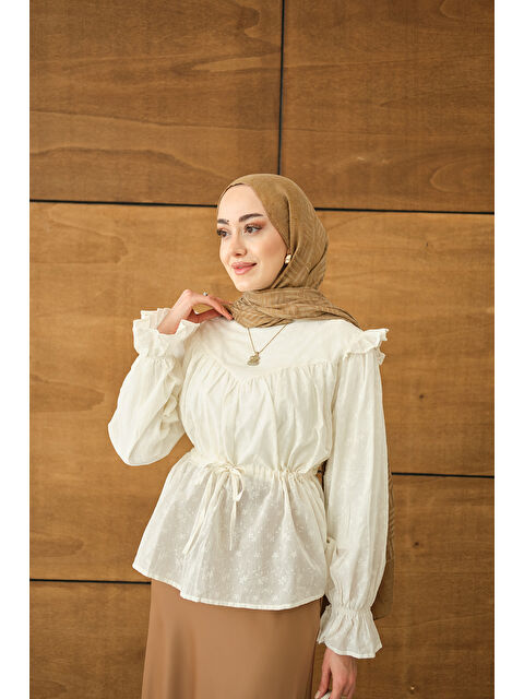 Locco Moda Kadın Nakış Desen Brode Gömlek Ekru