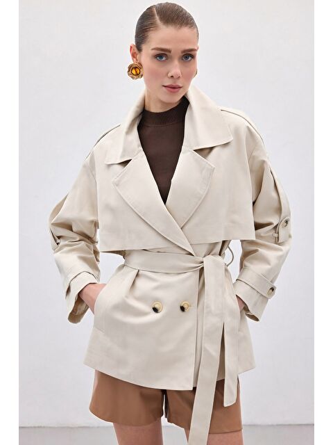 SATEEN Kısa Trençkot - Taş - S000505915-25636