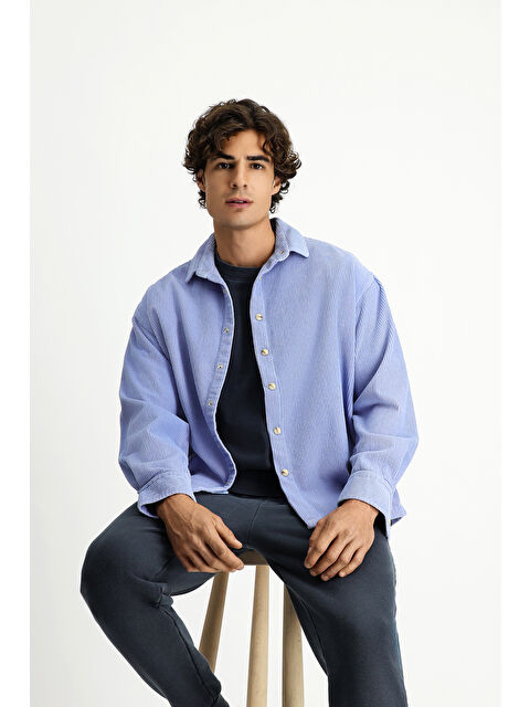 Kiğılı Uzun Kol Oversize Ekstra Rahat Kesim Pamuk Spor Kadife Gömlek - S000494138-17437