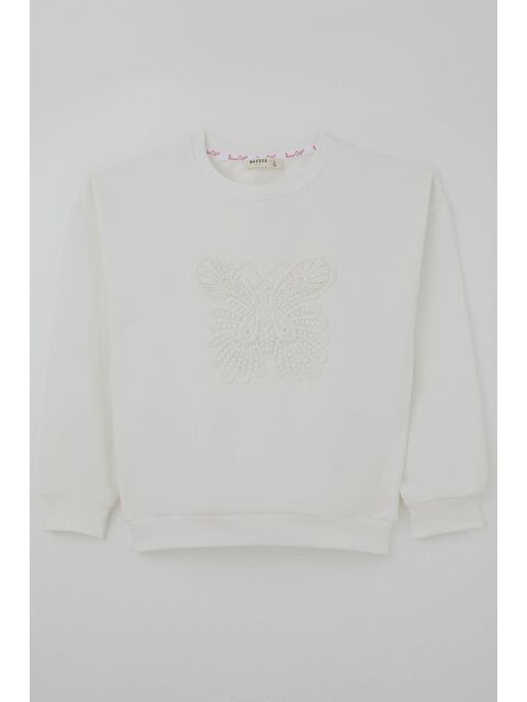 Breeze Kız Çocuk Sweatshirt Kelebek Aplike Nakışlı Ekru (8-12 Yaş)