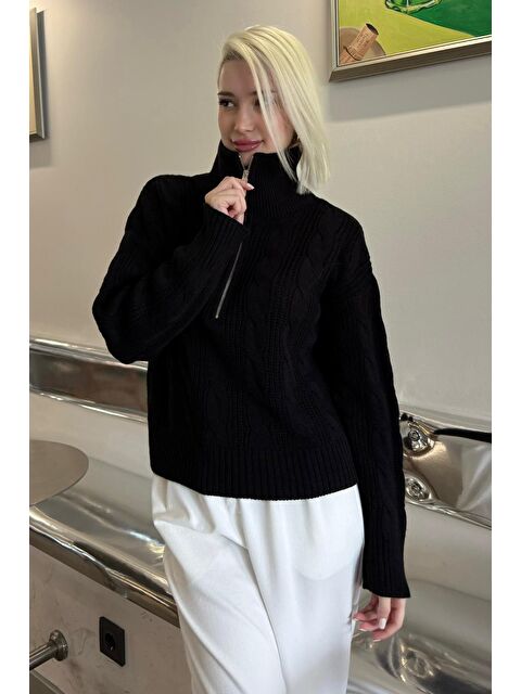 Madmext Siyah Örgü Desenli Kadın Triko Kazak Mg2546 - S000457803-19351