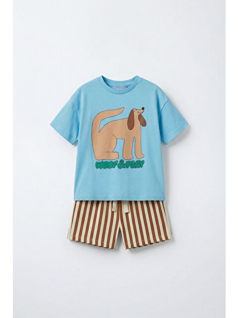 Magu Çocuk Pamuklu Mavi Köpek Baskılı T-Shirt Ve Çizgili Şort Takım - S000516570-23173