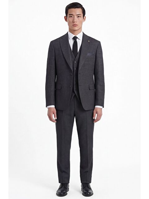 Sabri Özel Erkek Viskon Karışımlı 5 Drop Klasik Siyah Yelekli Takım Elbise - S000523827-19351