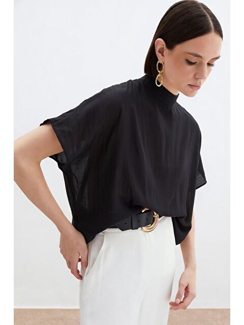 SATEEN Desenli Salaş Bluz - Siyah - S000384918-19351