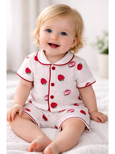 Verona Tarz Kız Bebek Müslin Kumaş Alt-Üst Pijama Takımı 2li Takım Şortlu Yazlık