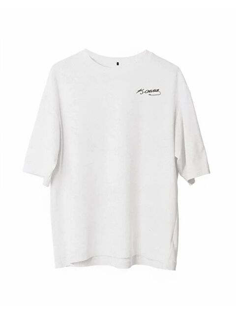 Jane's Unisex Bisiklet Yaka Baskılı Oversize T-Shirt - Beyaz