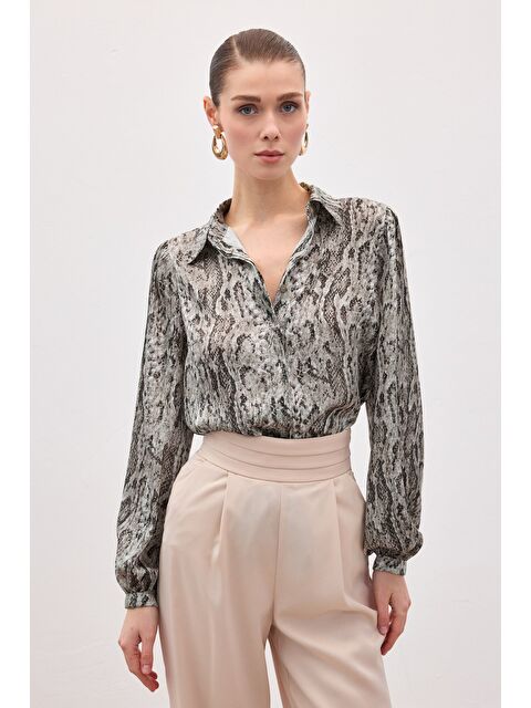 SATEEN Desenli Gömlek - Kahve - S000474610-19413