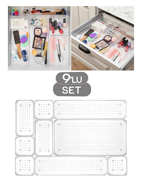 Meleni Home 9 Parça Şeffaf Tasarım Modüler Saklama Kabı Çekmece İçi Düzenleyici Banyo Makyaj Takı Organizeri - S000382727-26865