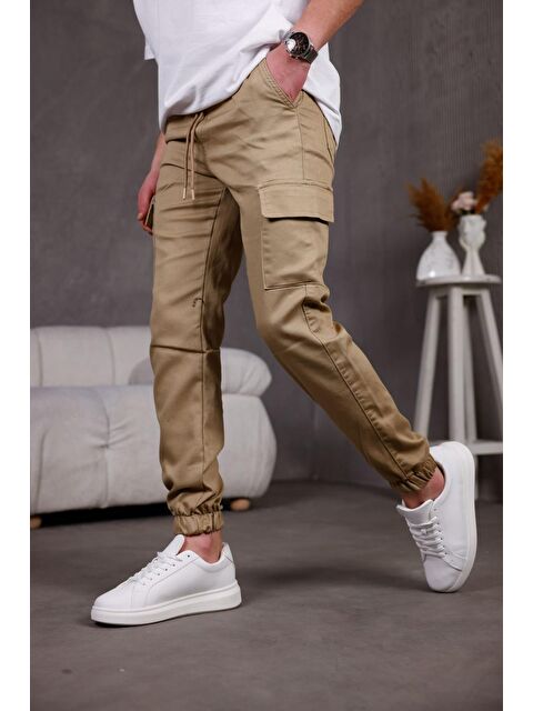 Oksit Hend Jogg Paçası ve Beli Lastikli Slim Fit Elastanlı Keten Kargo Pantolon - S000360252-20074