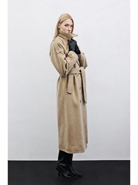 SATEEN Kuşaklı Uzun Kaban - Bej - S000324006-19928