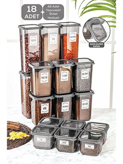 Meleni Home 18 li Multi Set Elisa Etiketli Kare Erzak Saklama Kabı Seti Antrasit 6x 0 50 lt 1 10 lt 1 70 lt - S000382728-20600