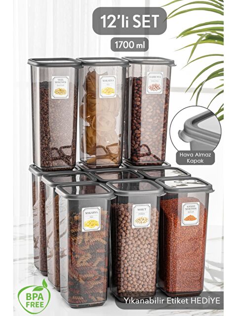 Meleni Home 12'li Jumbo Boy Elisa Etiketli Kapaklı Kare Erzak Saklama Kabı Antrasit 12 x 1 70 lt Bakliyat Kabı - S000382730-20600