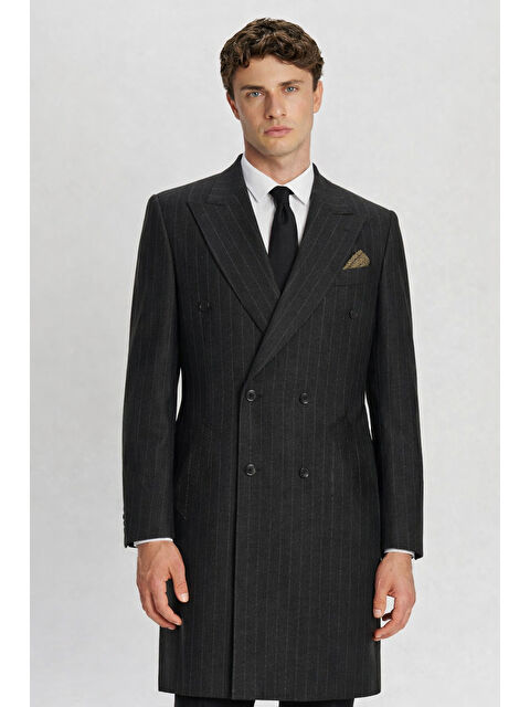 Sabri Özel Giotelli Antrasit Regular Fit Çizgili Desenli Yelekli Kabanlı 4'Lü 6 Drop Erkek Takım Elbise Seti - S000523830-29666