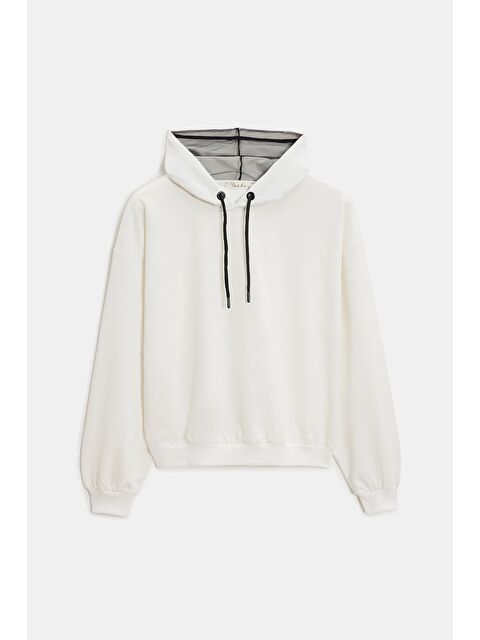 Saade Ekru Kadın Oversize Kapüşonlu Basic Hoodie Sweatshirt - S000497529-19965