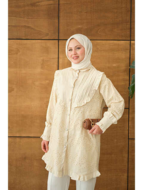 Locco Moda Kadın Pile Ve Brode Detay Gömlek Krem - S000530161-19966