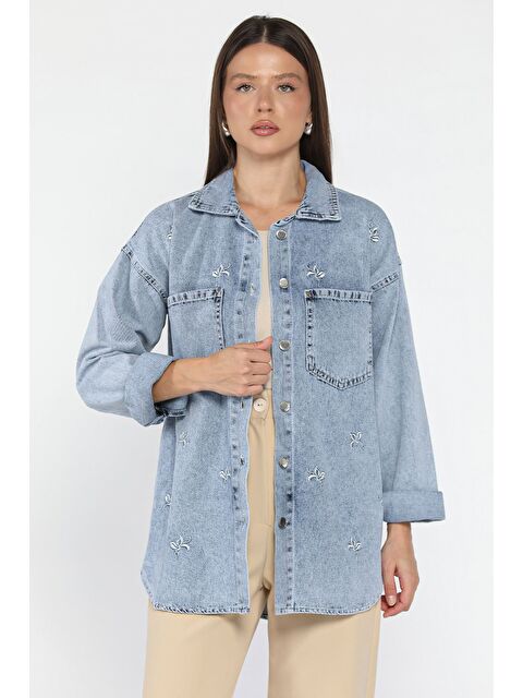 Gülseli Kadın Çift Cepli Nakışlı Jean Ceket - S000445253-3642
