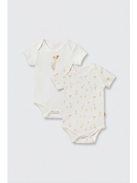 Magu Unisex Bebek Pamuklu Ekru 2'Li Kısa Kollu Body Seti - Desenli Ve Ayıcık Baskılı