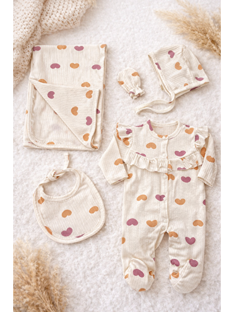 Verona Tarz Kız Bebek 5li Hastane Çıkış Seti 0-3 aylık Kalp Desenli Tulum - S000489266-19927