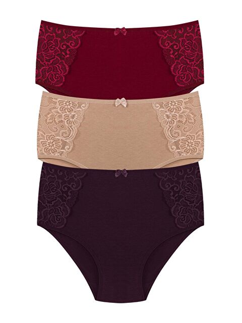 Hnx Pamuklu Yanları Dantel Yüksek Bel Büyük Beden Kadın Külot 3'lü - S000058042-37381