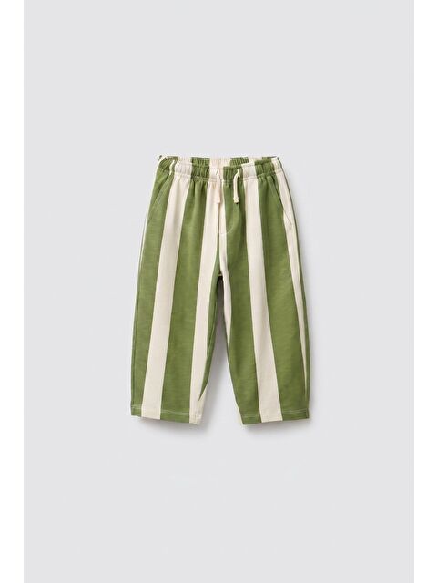 Magu Unisex Çocuk Pamuklu Yeşil Ekru Çizgili Pantolon