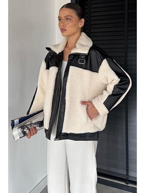 Gülseli Kadın İç Astarlı Deri Garnili Kemer Tokalı Mont - S000470145-19966