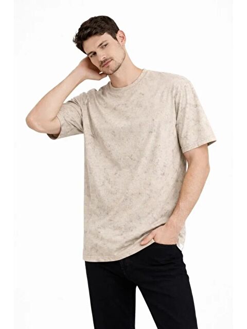 Jane's Erkek Asit Yıkama Bisiklet Yaka Kısa Kollu Oversize T-Shirt Tişört - Bej