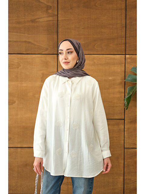 Locco Moda Kadın Boncuk İşlemeli Gömlek Ekru - S000530165-19965