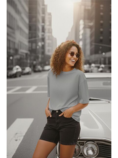 Oksit Mily Kadın Oversize Basic Bisiklet Yaka Pamuklu T-Shirt Rahat Kesim Unisex Sevgili Kombini - S000499006-20600