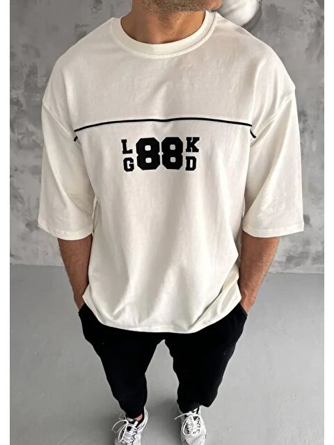 Jane's Unisex Bisiklet Yaka Baskılı Oversize T-Shirt - Beyaz