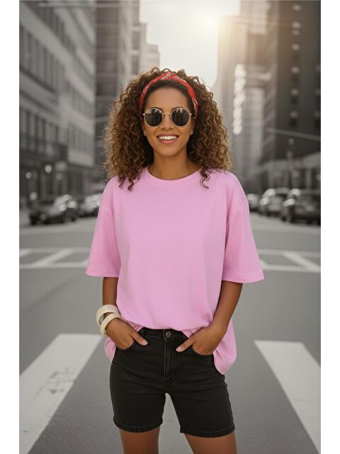 Oksit Mily Kadın Oversize Basic Bisiklet Yaka Pamuklu T-Shirt Rahat Kesim Unisex Sevgili Kombini - S000499006-20024