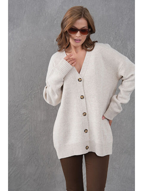 carla10 Kadın V Yaka Düğme Kapama Oversize Uzun Triko Hırka - S000498318-19928