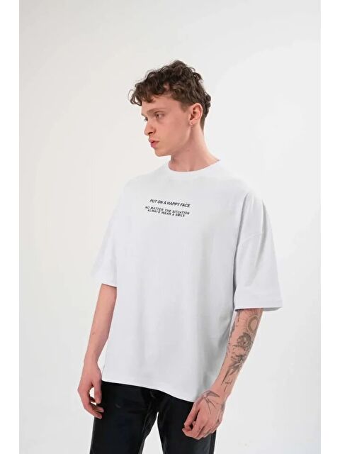 Jane's Unisex Bisiklet Yaka Baskılı Oversize T-Shirt - Beyaz