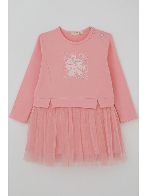 Breeze Kız Çocuk Uzun Kollu Elbise Çiçek Baskılı Tüllü Pembe (2-6 Yaş)