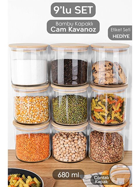 Meleni Home 9'lu Bambu Kapak Cam Saklama Kabı Bakliyat Erzak Kavanozu Vakum Kapaklı Cam Kavanoz Seti 680 ml - S000382745-26865