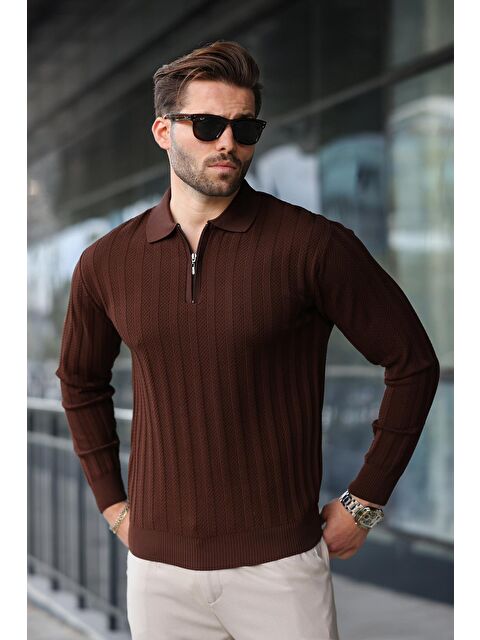 Madmext Kahverengi Yarım Fermuarlı Polo Yaka Triko Kazak E7426 - S000457811-19413