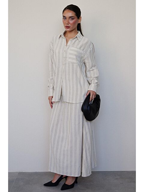 Madmext Ekru Çizgili Keten Etek Gömlek Takım Mg2447 - S000439059-19965