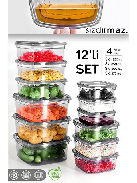 Meleni Home 12'li Kare Sızdırmaz Saklama Kabı Seti Düzenleyici Erzak Kabı 3x 275 500 850 1350 ml Antrasit - S000382748-29666