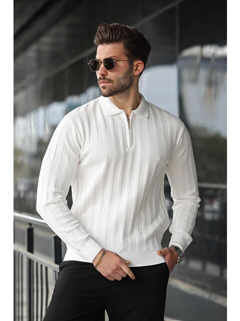 Madmext Beyaz Yarım Fermuarlı Polo Yaka Triko Kazak E7426 - S000457811-20063