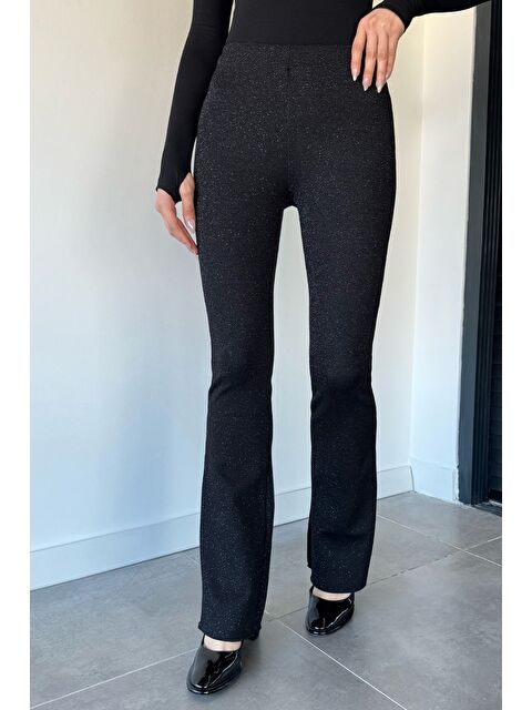 Gülseli Kadın Bel Lastikli Yüksek Bel Işıltılı İspanyol Paça Pantolon - S000470153-19351