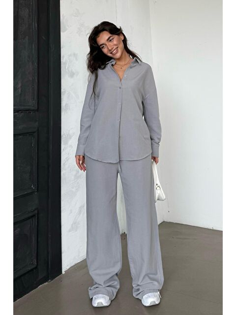 Madmext Boyalı Gri Keten Kadın Gömlek Pantolon İkili Takım Mg2356 - S000439058-22875