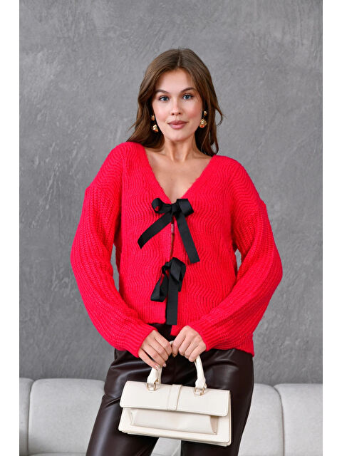 carla10 Kadın V Yaka Örgü Detay Fiyonklu Triko Ceket - S000498319-18686