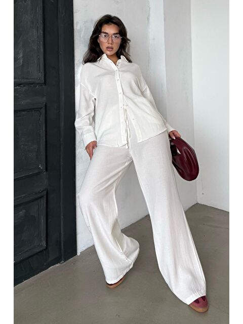 Madmext Ekru Keten Kadın Gömlek Pantolon İkili Takım Mg2356 - S000439058-19965