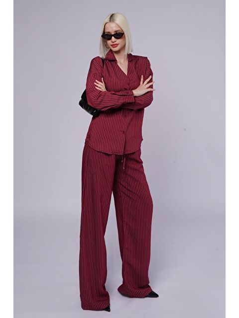 Madmext Bordo Uzun Kollu Çizgili Gömlek Pantolon İkili Takım Mg2329 - S000361767-19951