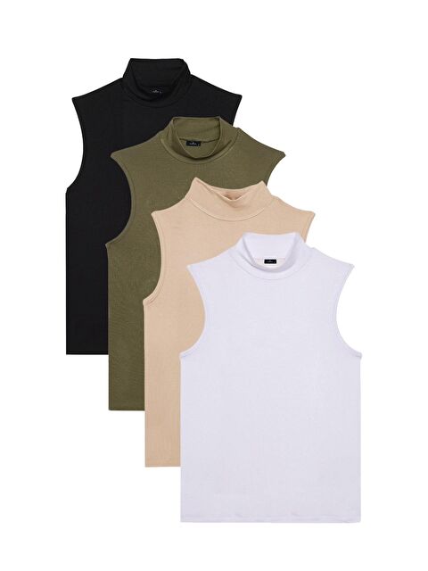 TUDORS Kadın 4'Lü Paket Siyah-Haki-Bej-Beyaz Regular Fit Viskon Kumaş Balıkçı Yaka Sıfır Kol Bluz - S000521020-23173