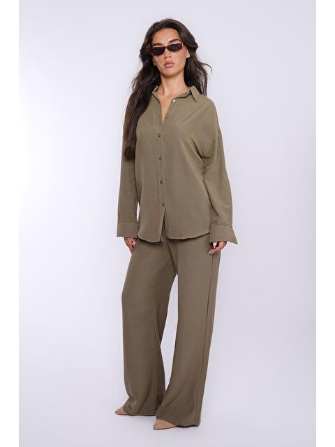 Madmext Haki Keten Kadın Gömlek Pantolon İkili Takım Mg2356 - S000439058-18547